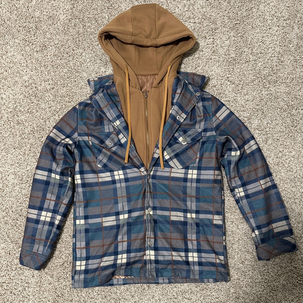 Blue and Brown Plaid Hooded Jacket
